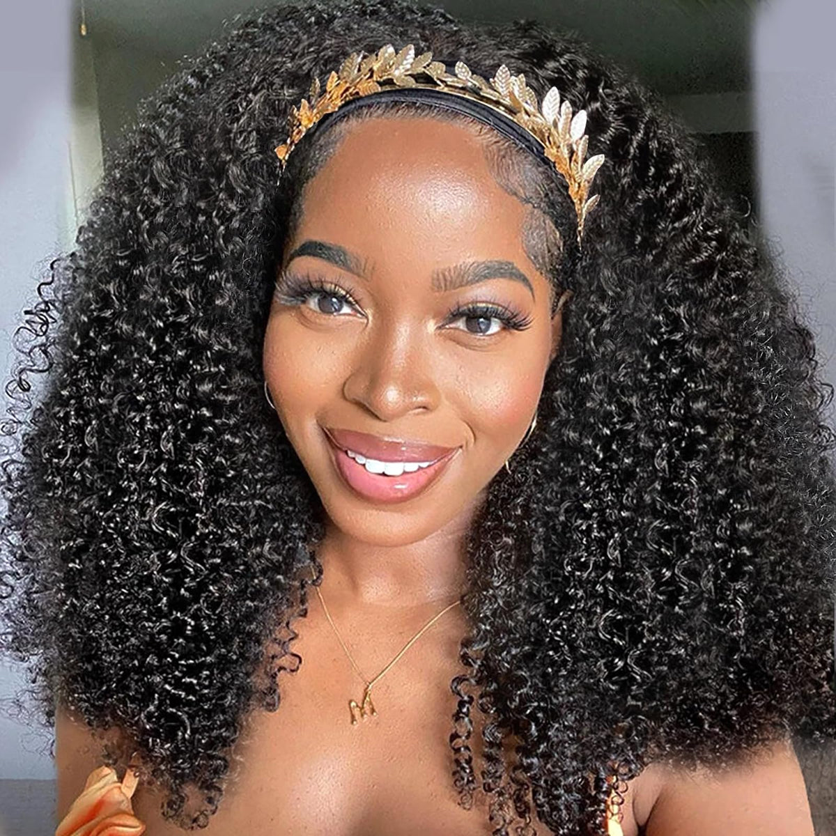 XSY headband wig front view showing natural color and full curls for effortless style