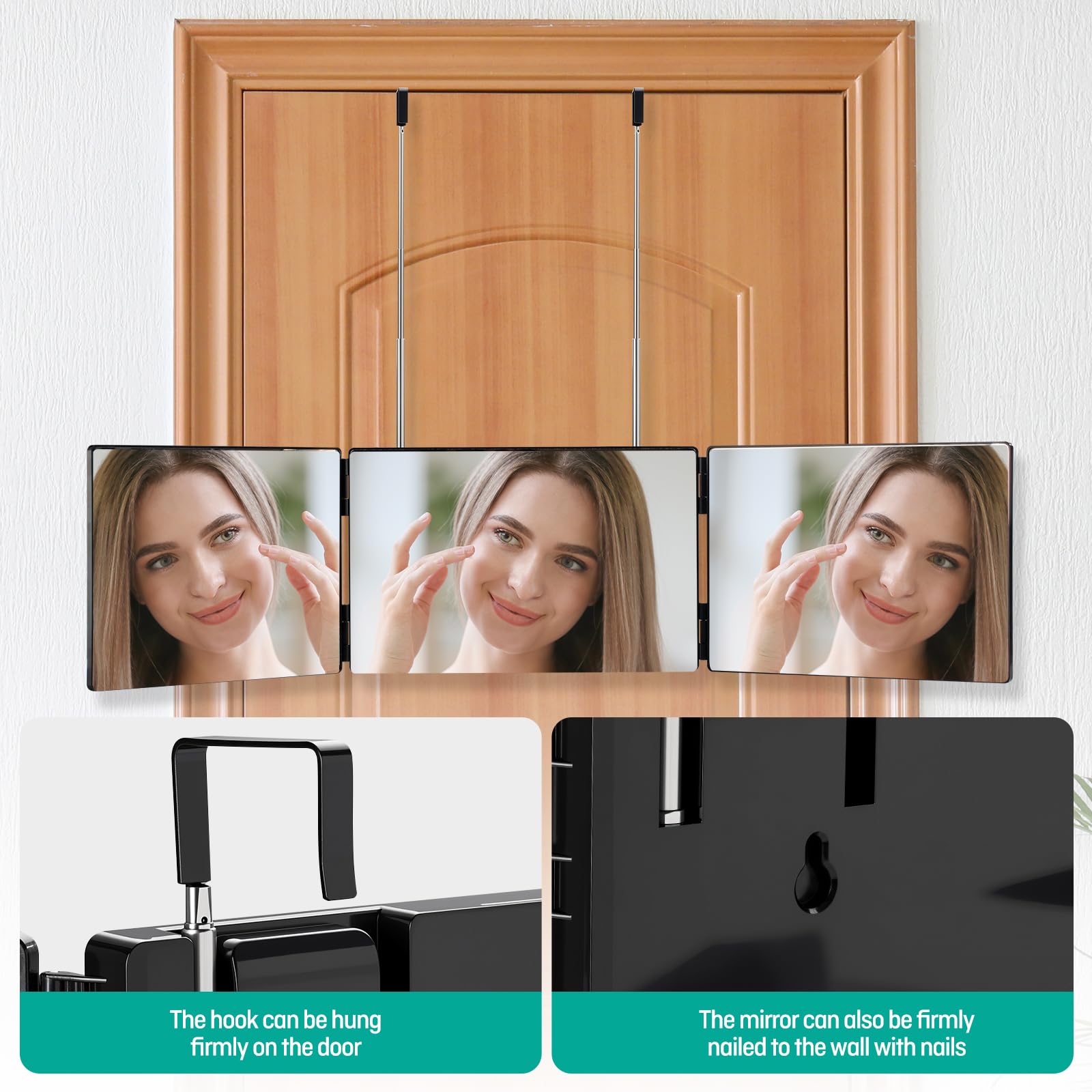 YAFCN mirror hung on door to show height and scale for comfortable use