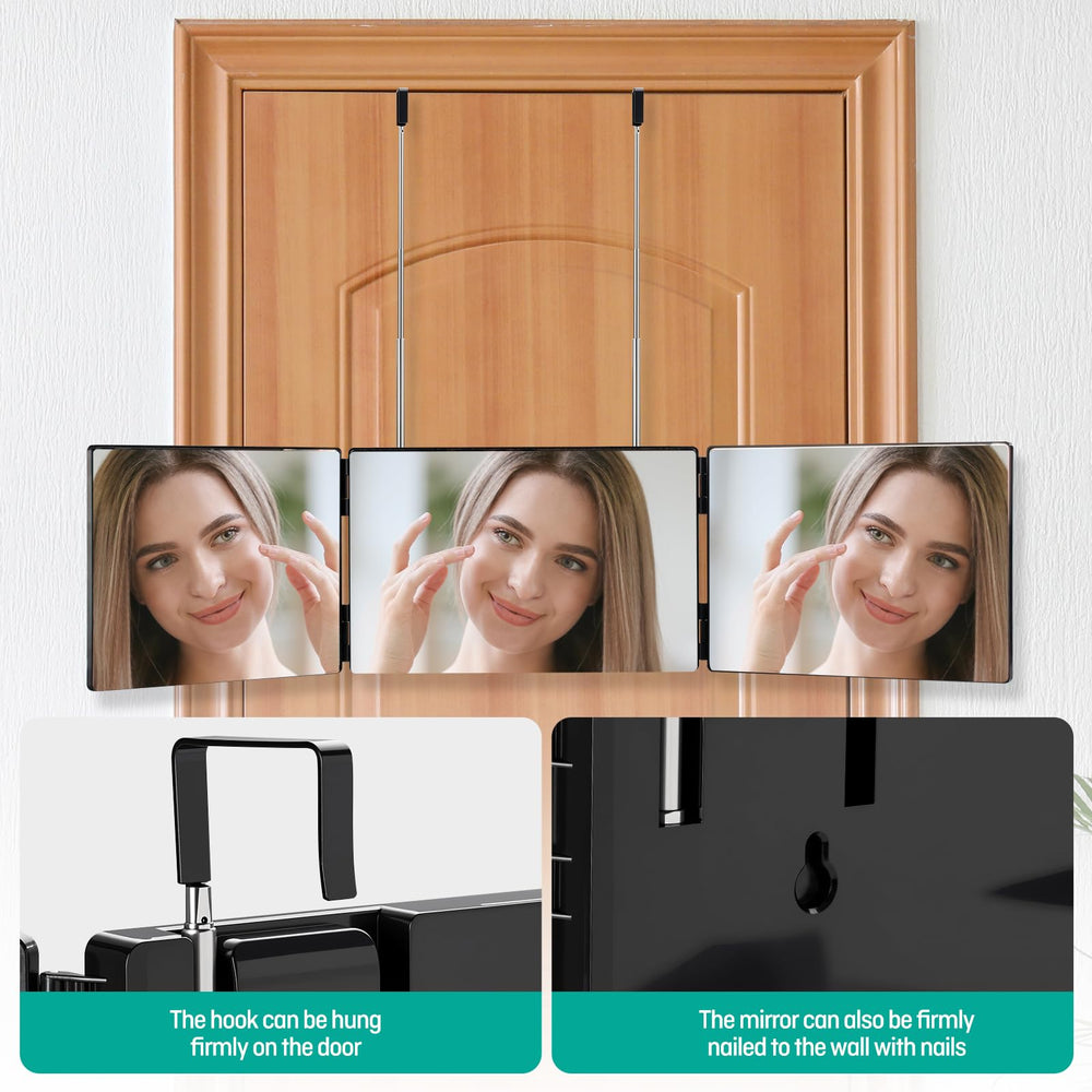 YAFCN mirror hung on door to show height and scale for comfortable use