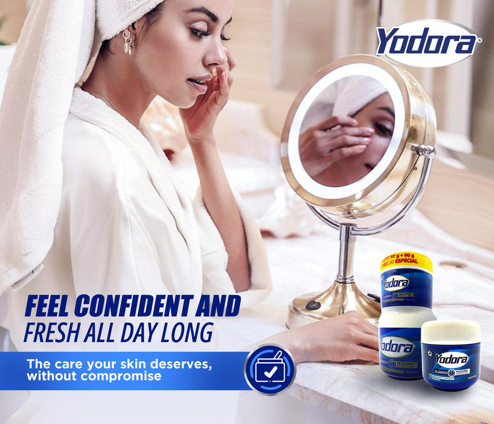 Yahve Yodoraa jars on bathroom counter suggesting everyday routine comfort