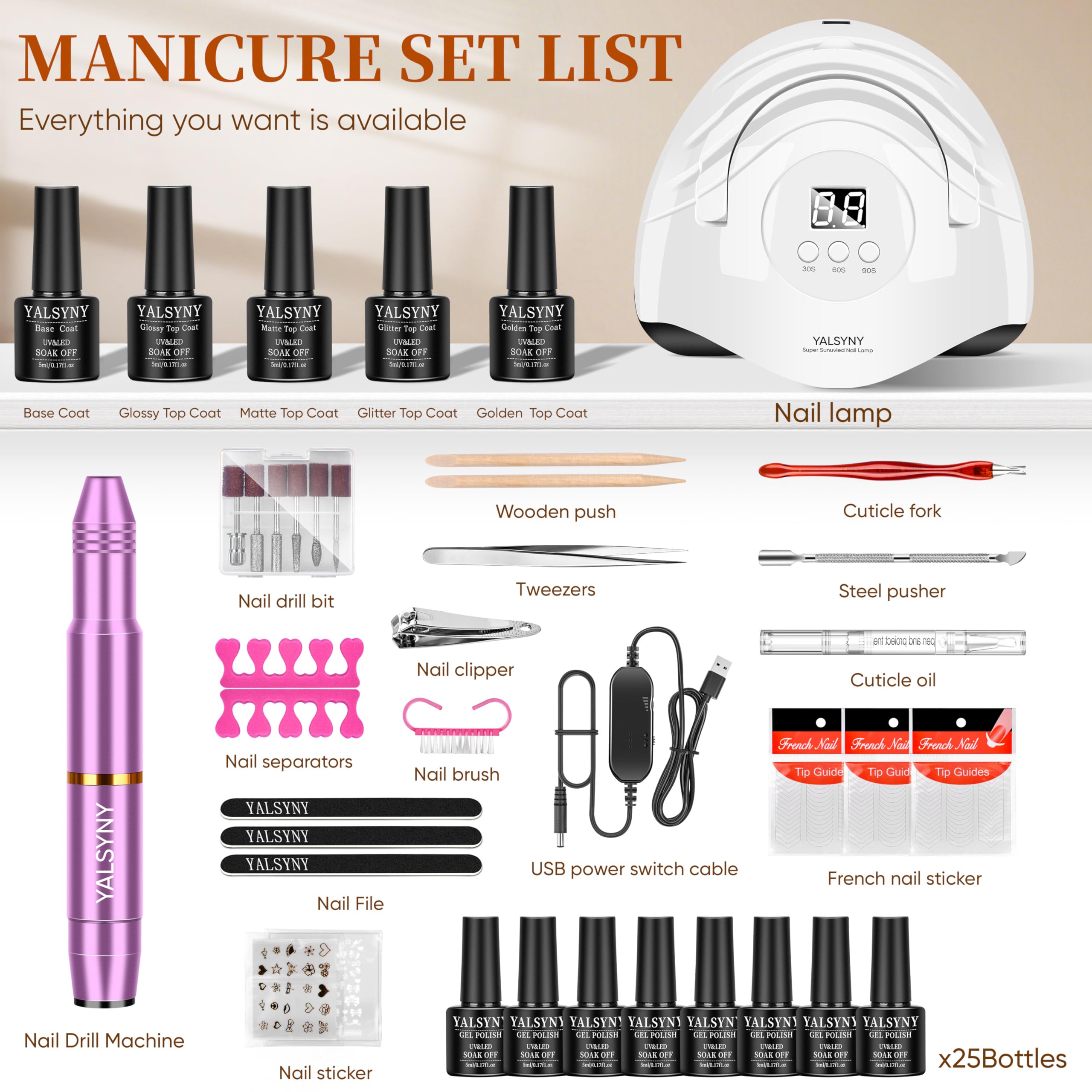 YALSYNY electric drill with bits displayed for versatile nail shaping and cuticle work