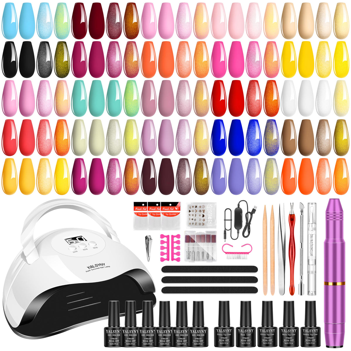 YALSYNY kit front packaging showing all included tools and polishes for quick setup