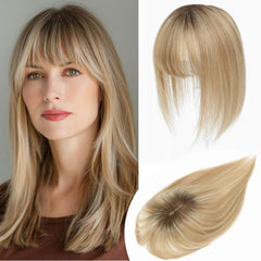 YAMI front view topper showing honey blonde with dark brown root for natural coverage