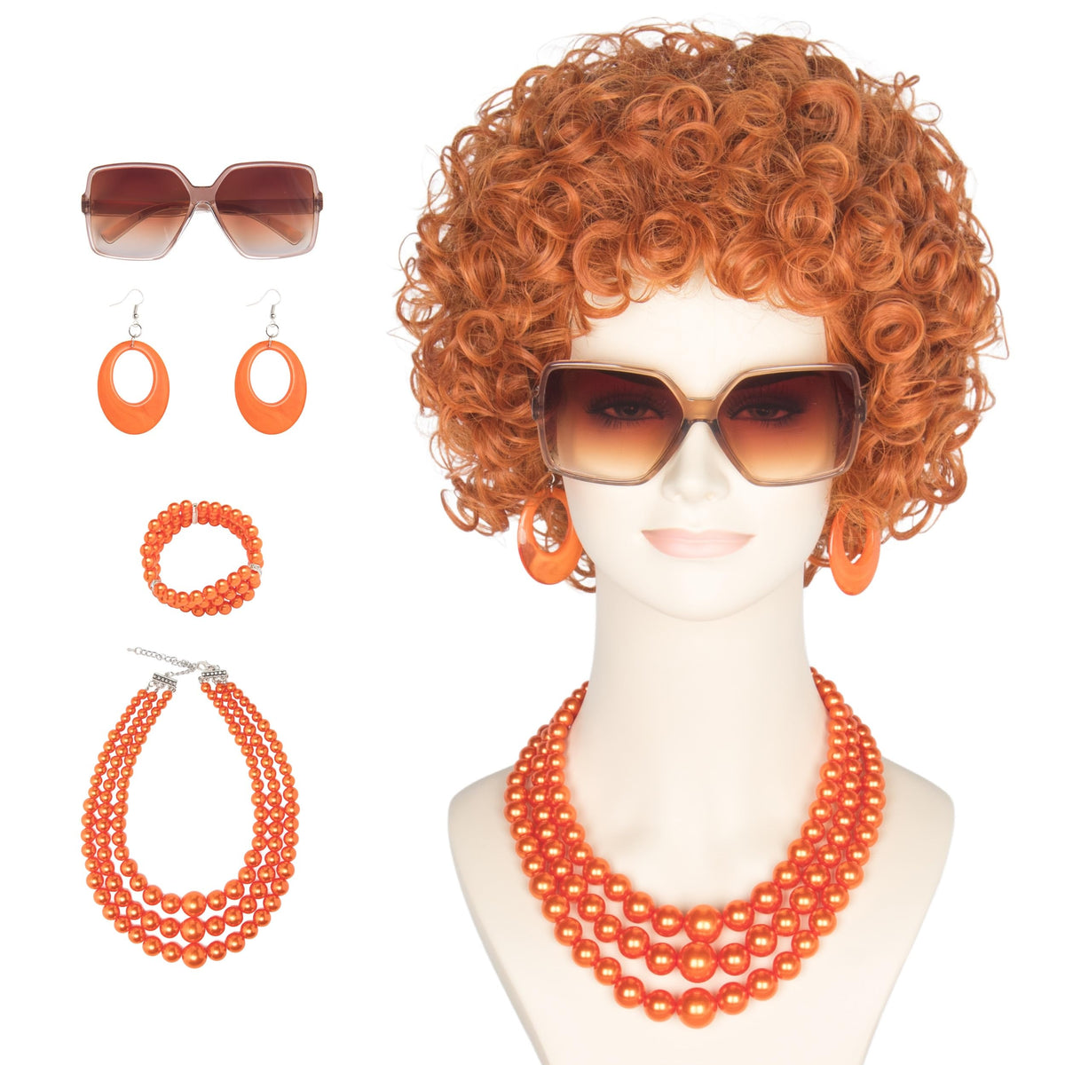 Yan Dream front view of short curly red brown wig showing full retro silhouette and instant style