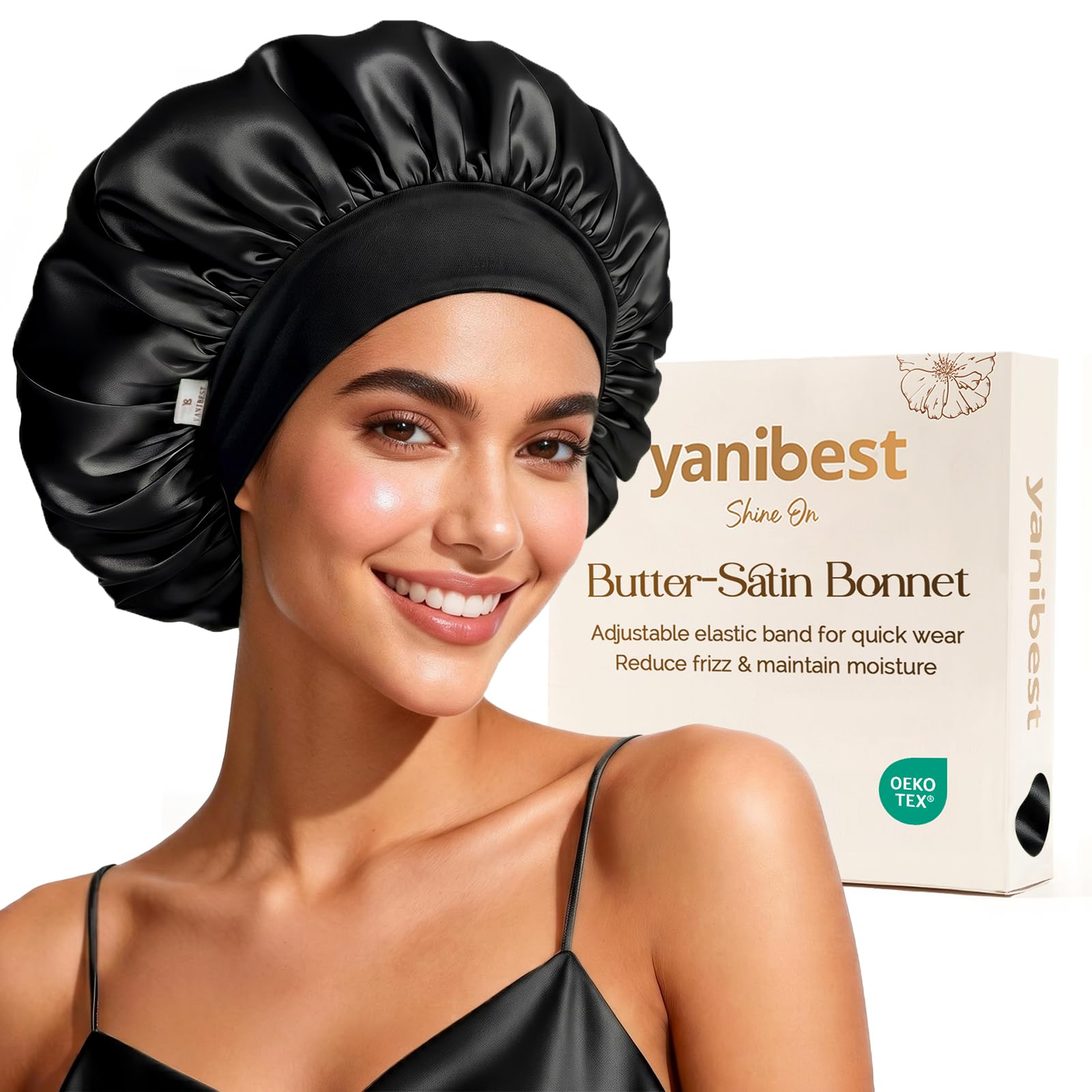 YANIBEST bonnet front view showing smooth satin and secure fit benefit