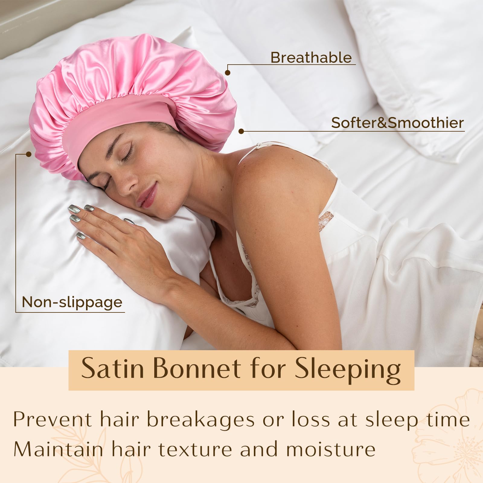 Person sleeping wearing a YANIBEST bonnet to preserve hairstyle and reduce frizz