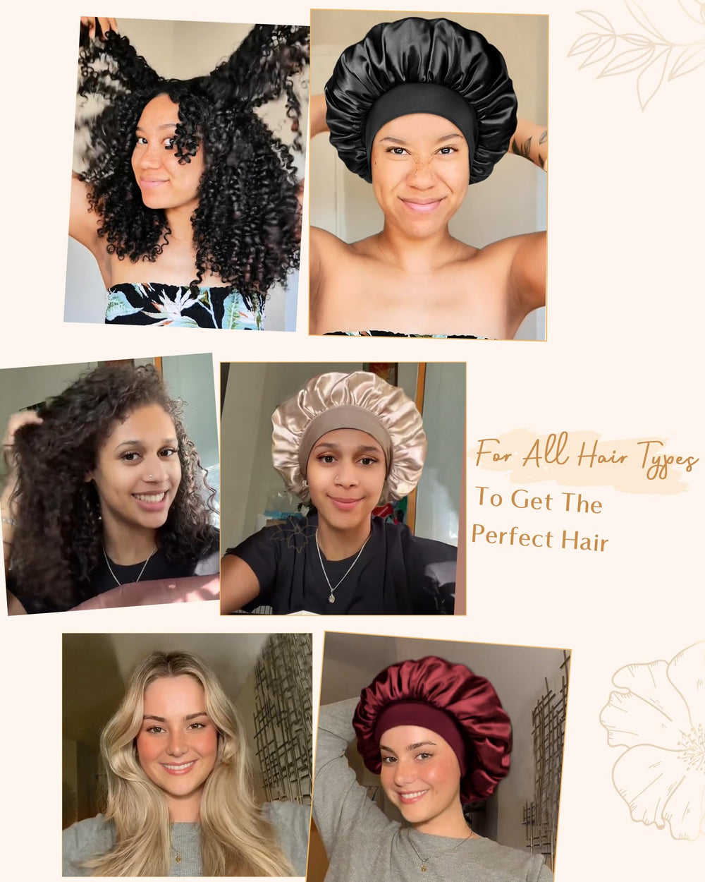 YANIBEST bonnet size comparison on head illustrating roomy fit for long or voluminous hair