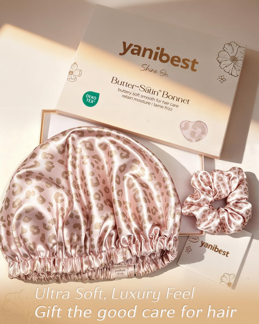 YANIBEST bonnet in a nighttime routine setting keeping hair off face during skincare