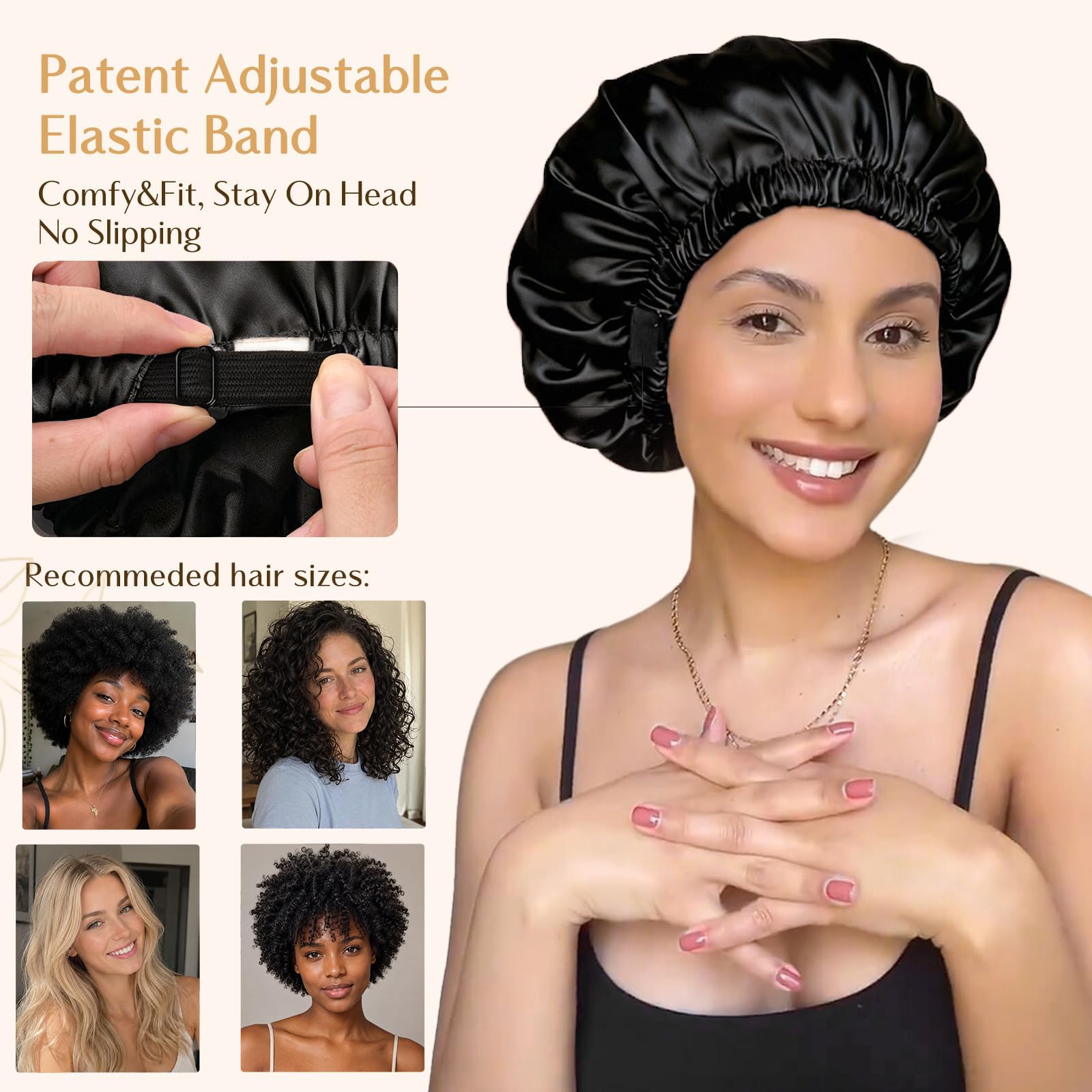 YANIBEST bonnet worn by model sleeping showing reduced friction and frizz control