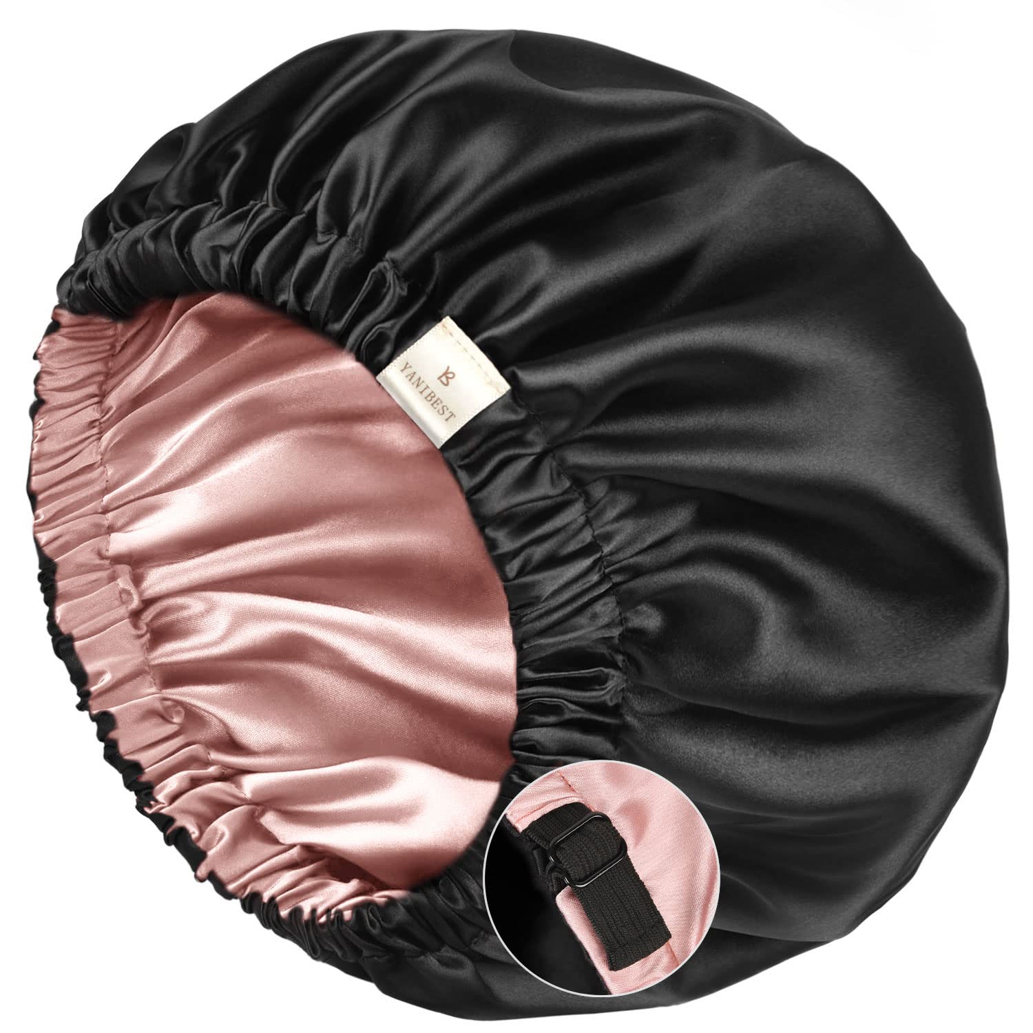 YANIBEST satin bonnet front view showing smooth pink fabric and protective fit