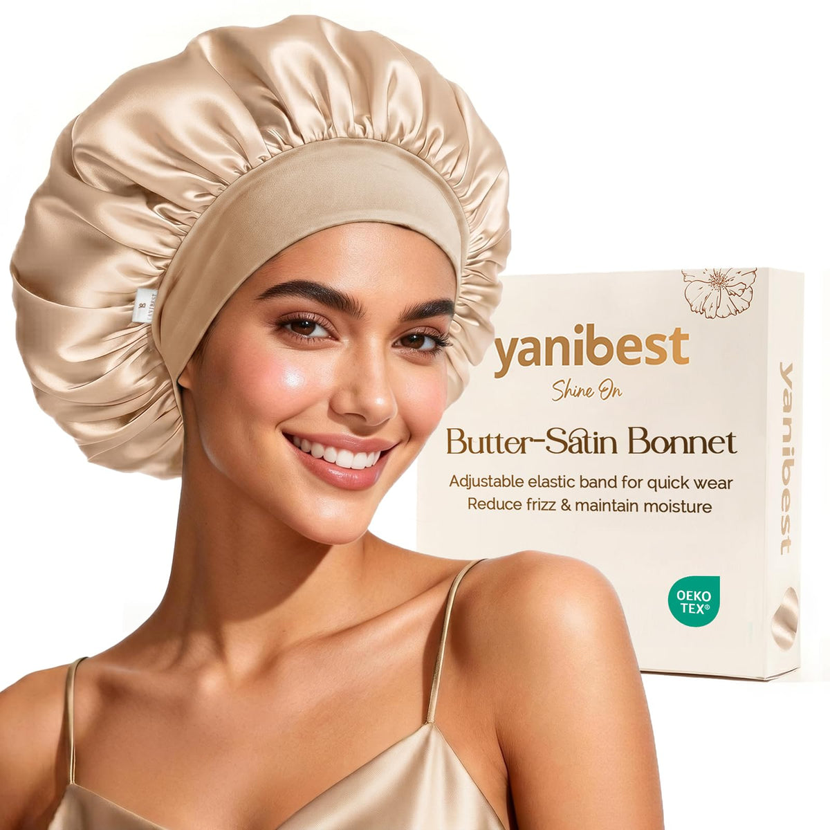 YANIBEST satin bonnet front view showing smooth finish and secure fit for overnight protection