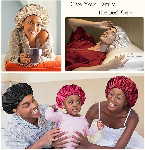 YANIBEST bonnet in bedroom lifestyle setting suggesting nightly hair care routine