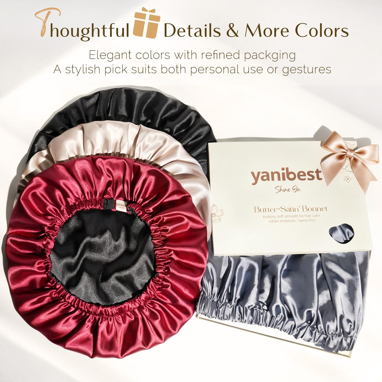 YANIBEST bonnet size comparison with hand illustrating roomy fit for volume