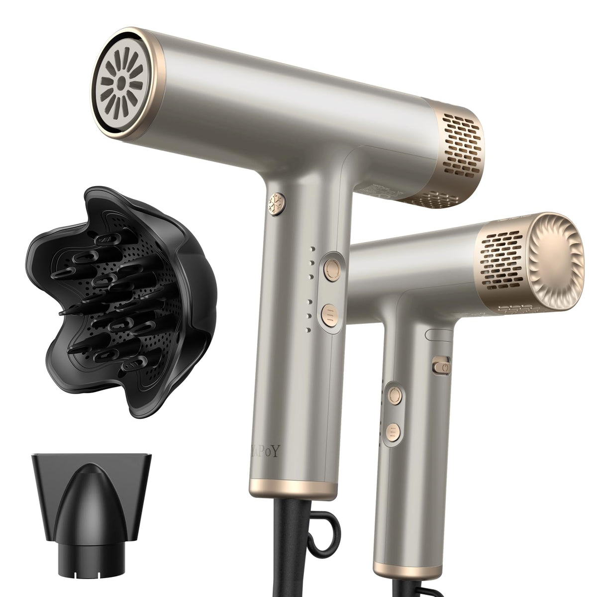YAPOY hair dryer front view showing sleek silver body and ergonomic handle benefit fast handling