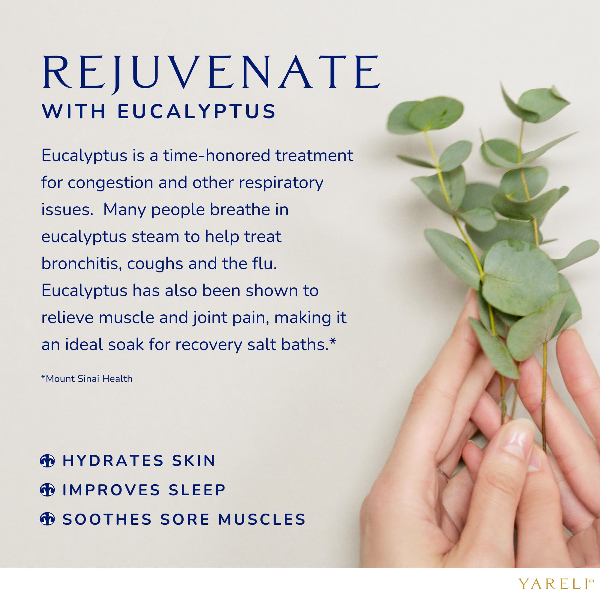 YARELI tub-side lifestyle scene showing calming eucalyptus aroma benefit