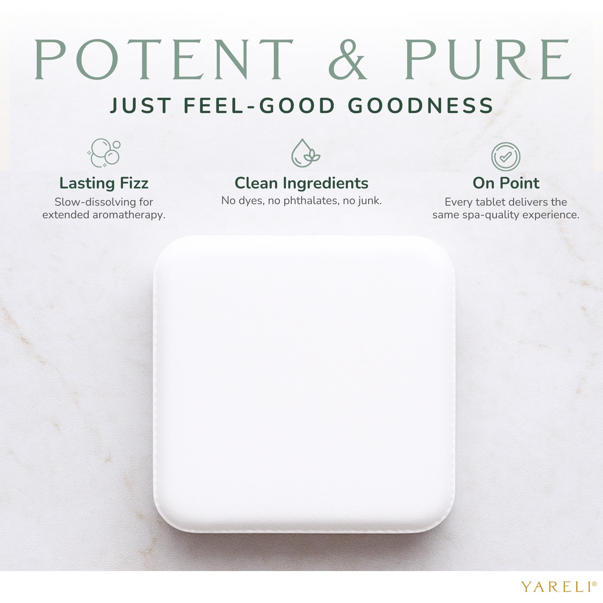 YARELI tablet close-up texture highlighting pressed, slow-dissolve quality