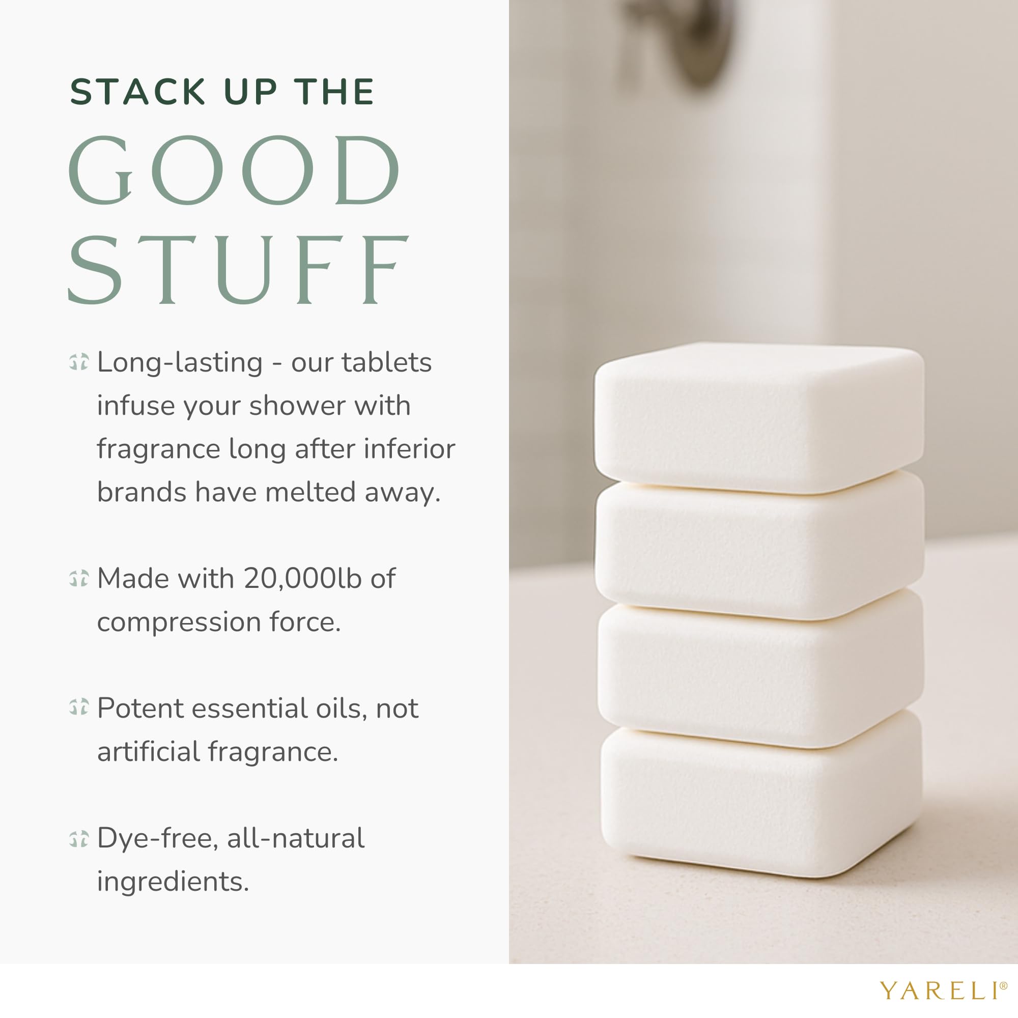 YARELI tablets displayed on bathroom shelf indicating easy storage
