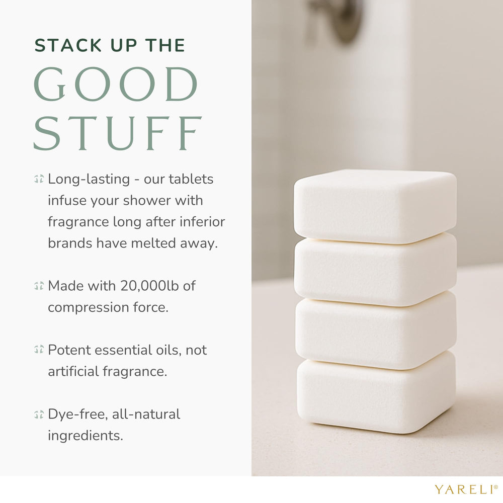 YARELI tablets displayed on bathroom shelf indicating easy storage
