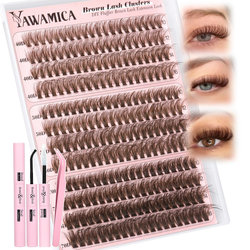 Yawamica front packaging showing brown lash clusters and kit contents for easy at-home use