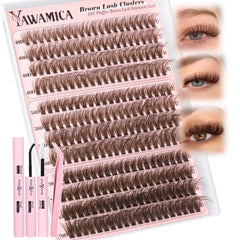Yawamica front packaging showing brown lash clusters and kit contents for easy at-home use