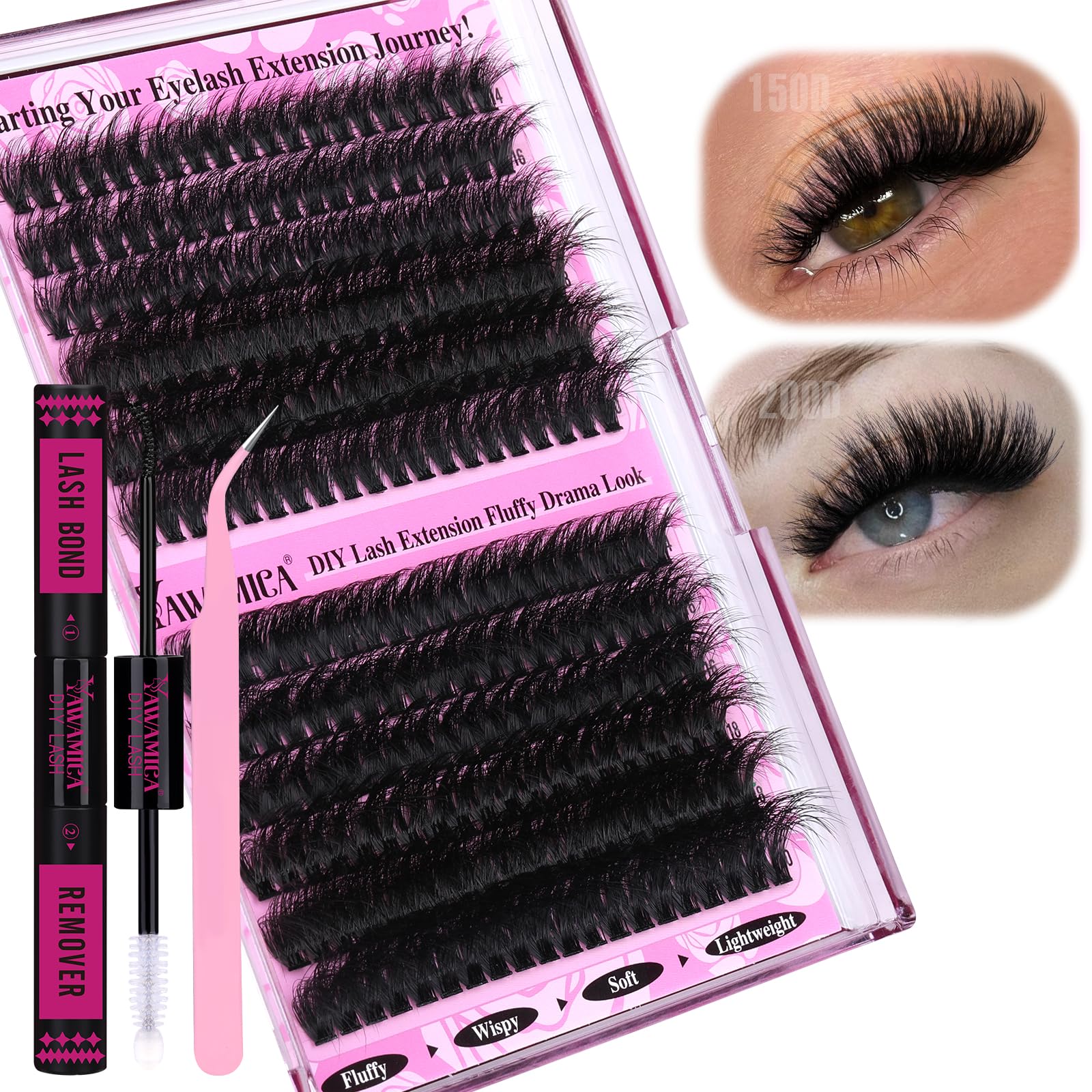 Yawamica front packaging showing complete lash cluster kit and tools for easy use