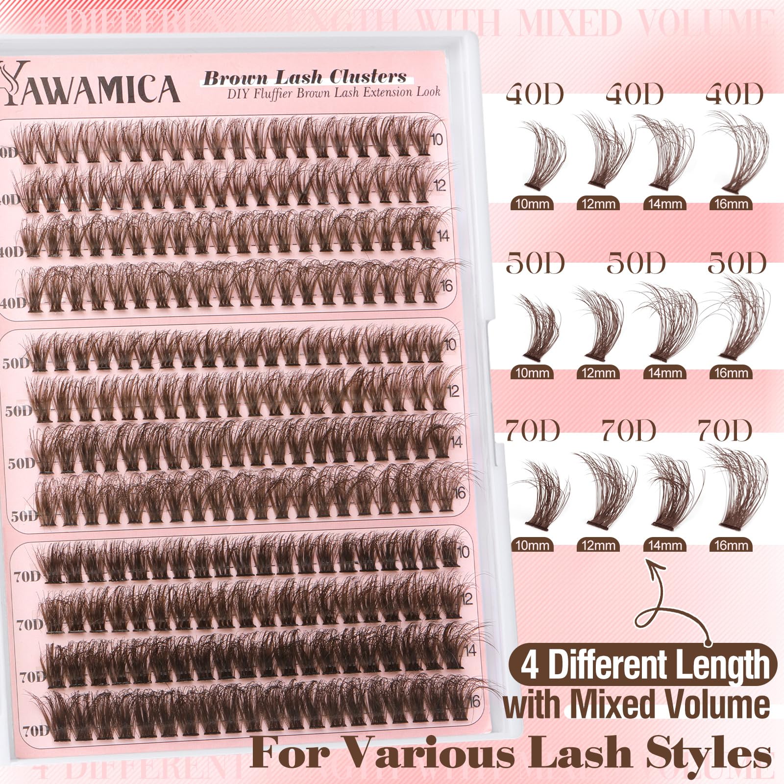 Yawamica length comparison 10–16mm demonstrating size choices for custom lash styling