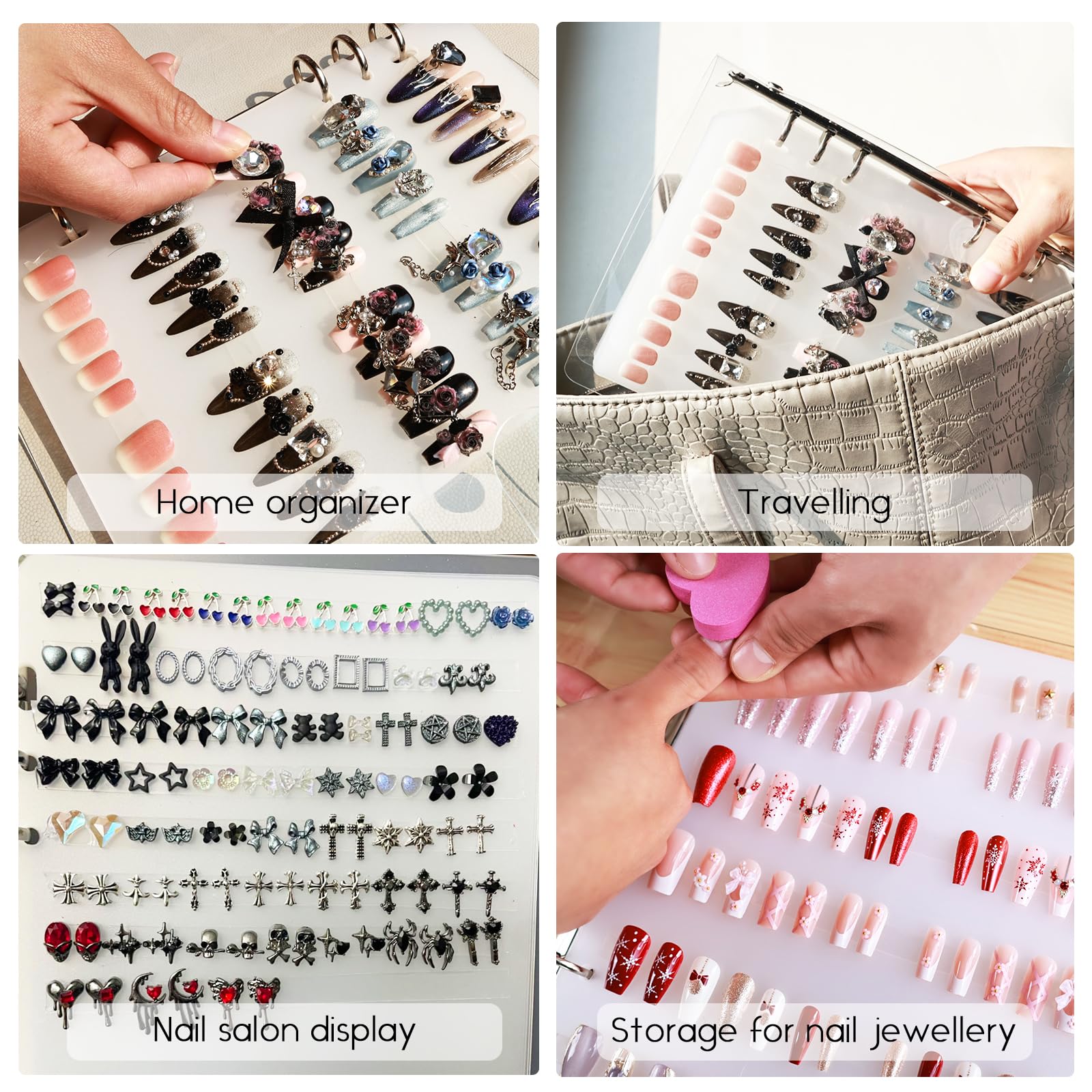 Yazikisa open organizer revealing rows of mounted press-on nails for easy selection