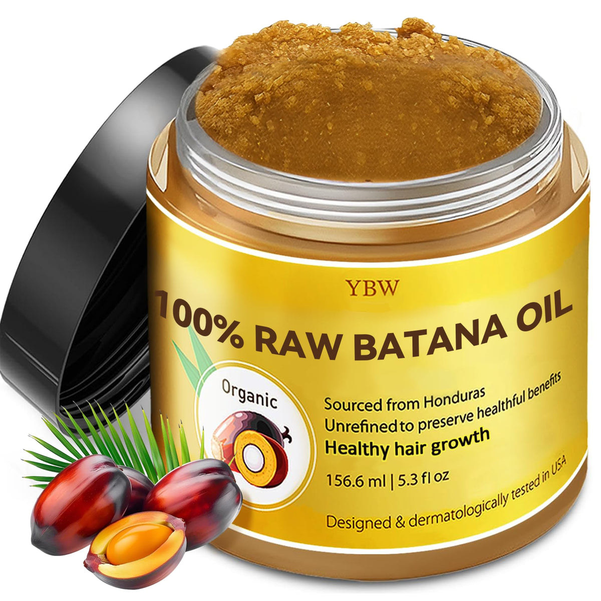 YBW jar front view showing raw batana oil paste and nourishing benefits