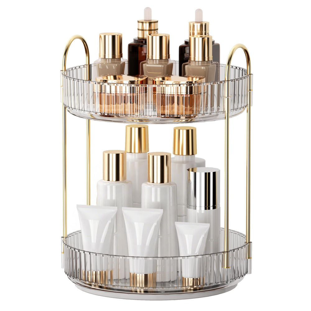 YCIA&DONE front view of clear white organizer showing tidy cosmetics and easy access