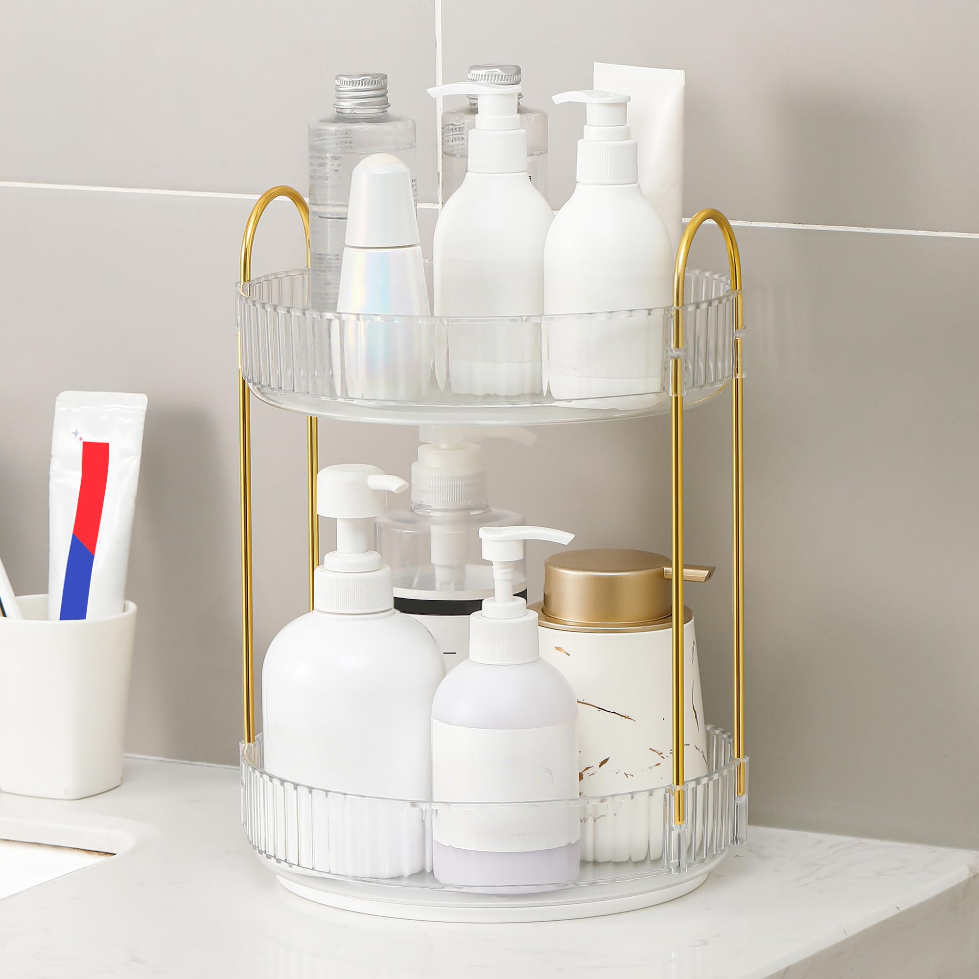 YCIA&DONE on bathroom counter with skincare products for streamlined morning routine