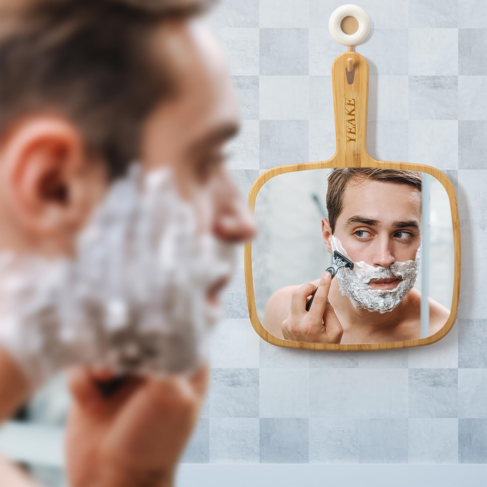 YEAKE mirror held by person styling hair for accurate grooming