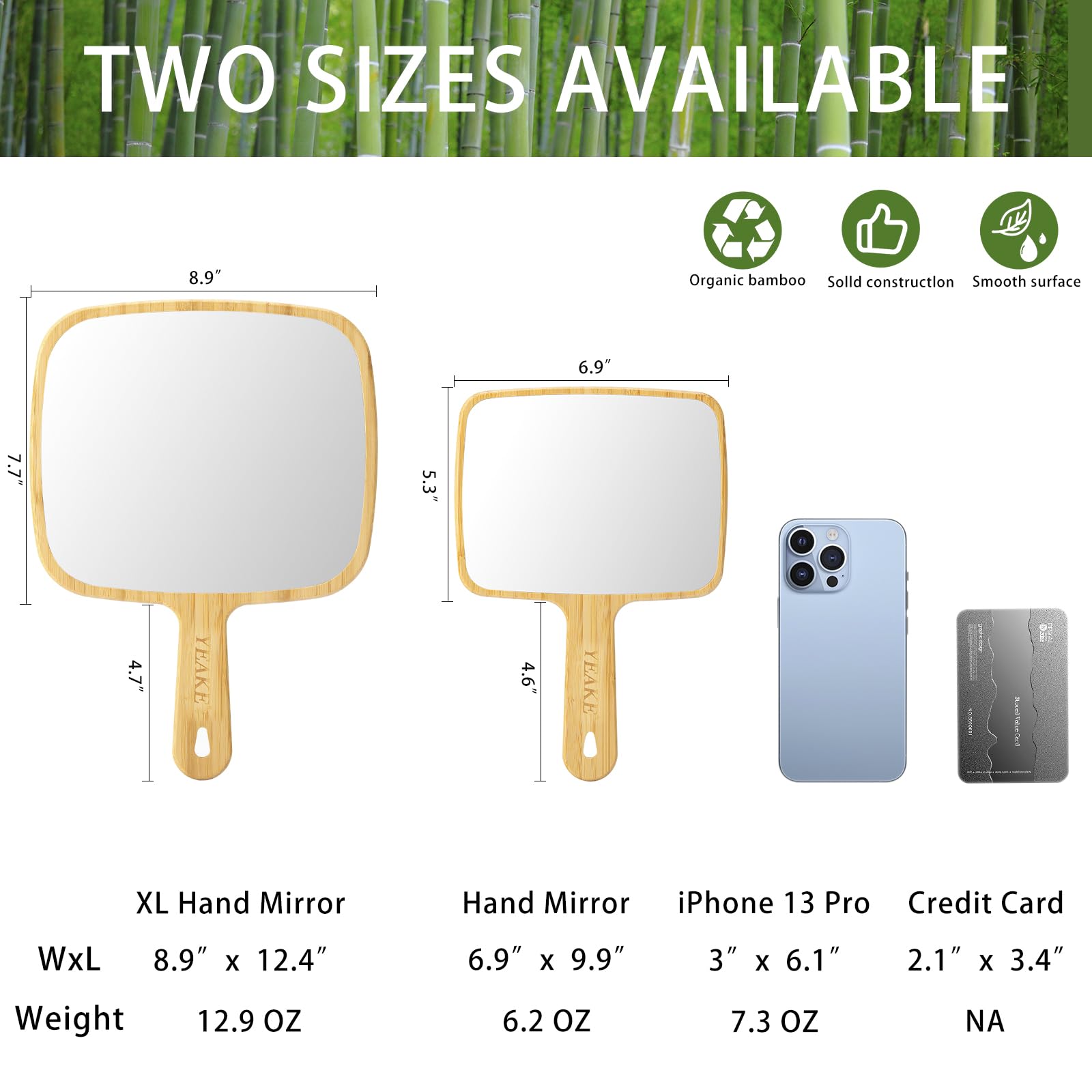 YEAKE mirror beside a hand showing size and portable scale