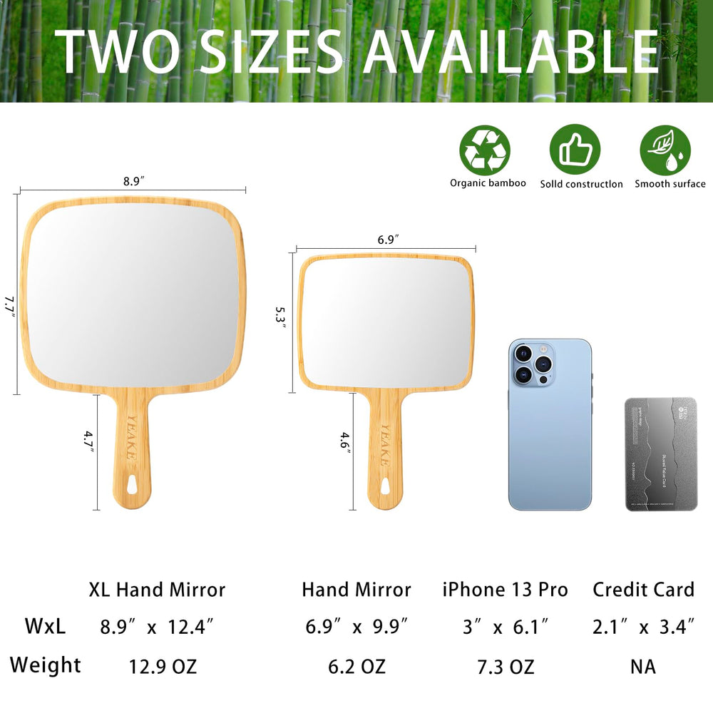 YEAKE mirror beside a hand showing size and portable scale