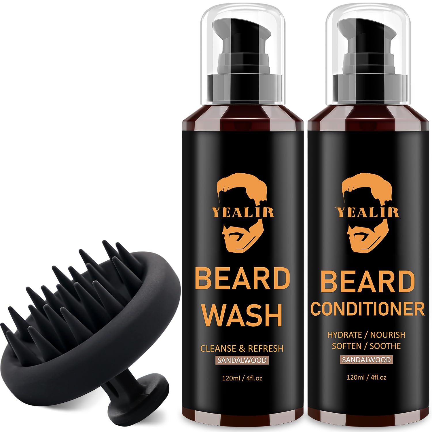 YEALIR front packaging showing 4 oz beard wash and conditioner, easy daily grooming