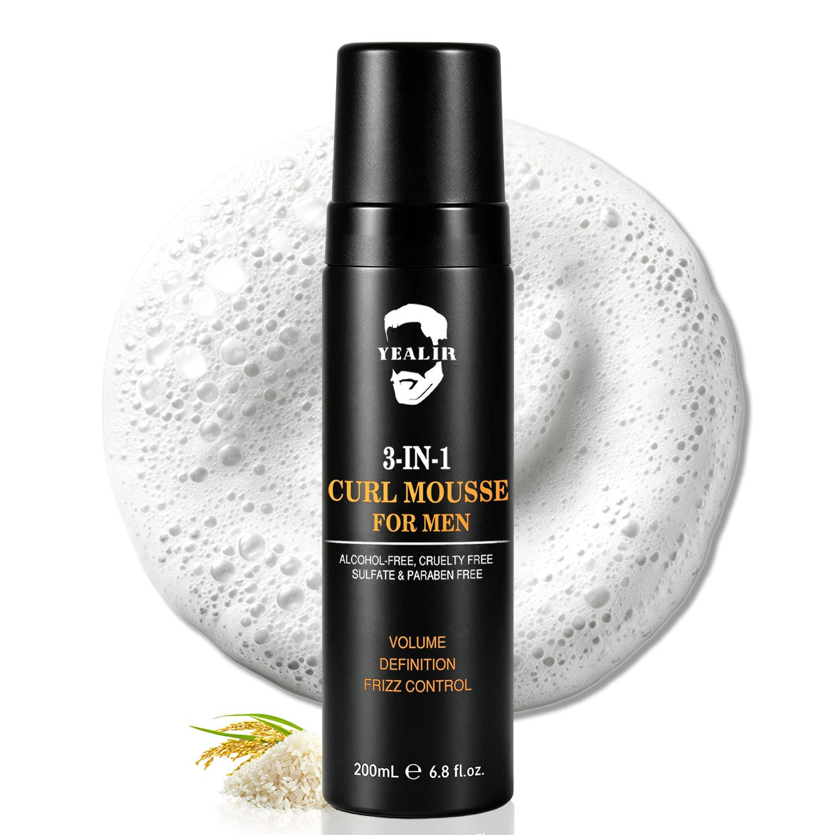 YEALIR front packaging showing curl mousse and branding benefit: clear product ID