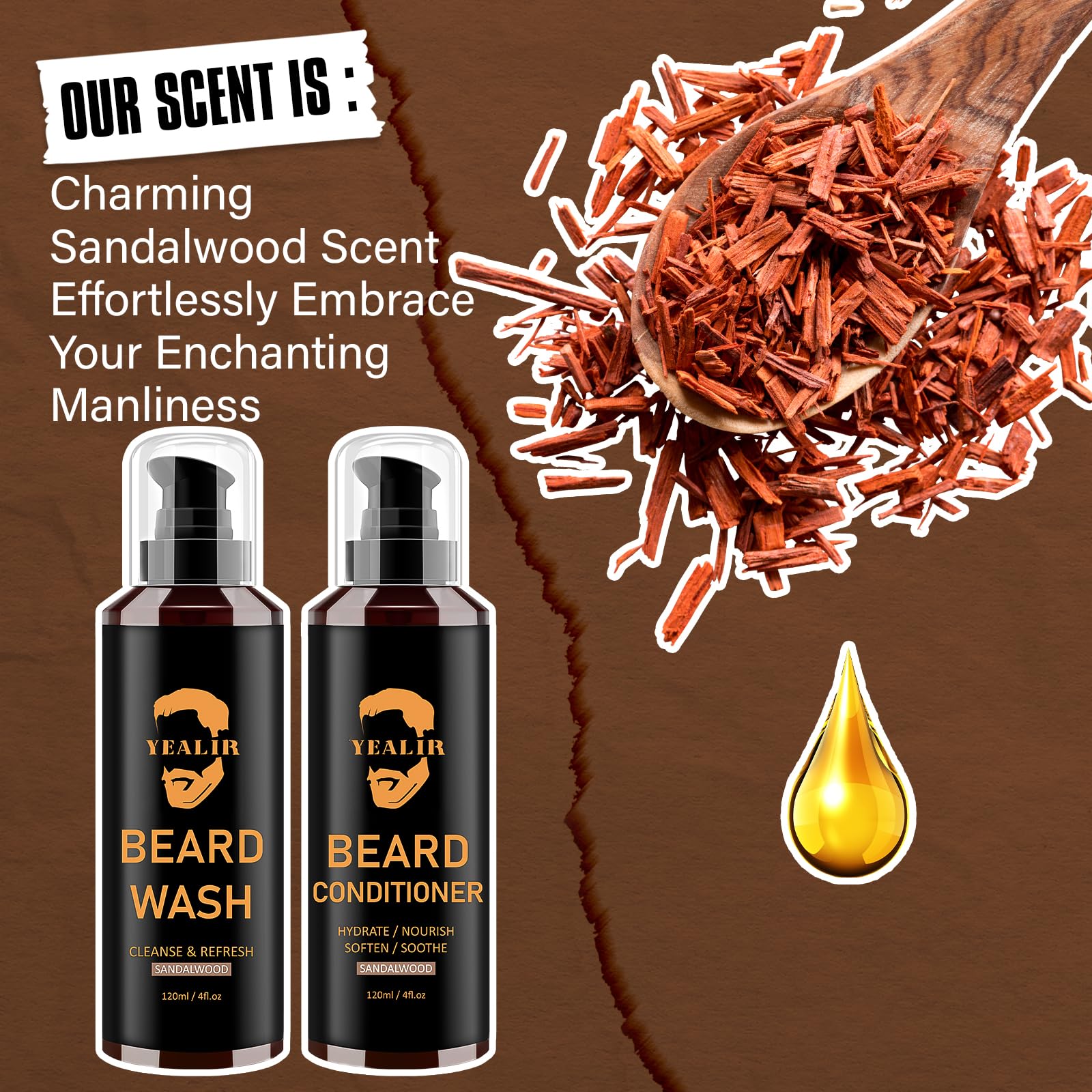 YEALIR label with ingredient highlights, transparent natural oil and extract blend