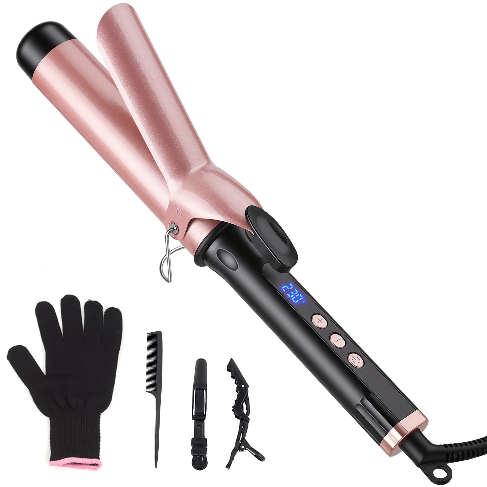 YEGUBEGU front view of curler showing ergonomic handle and clamp for comfortable styling