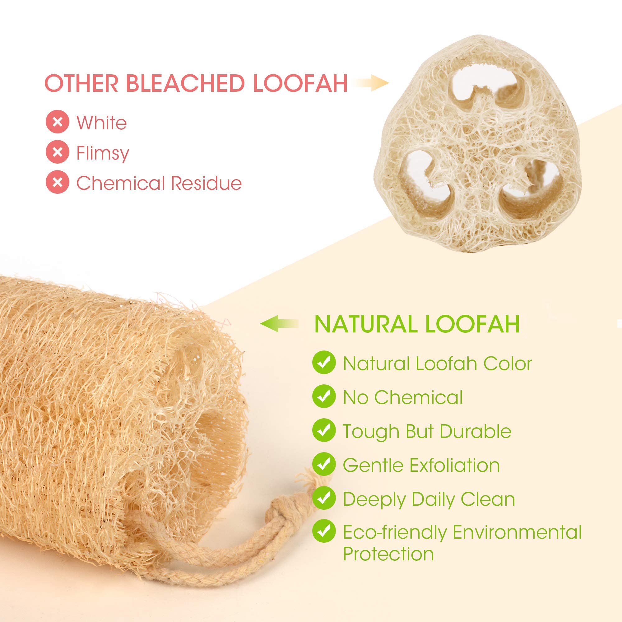 YEMTAL close-up of loofah fibers, clear texture for gentle exfoliation
