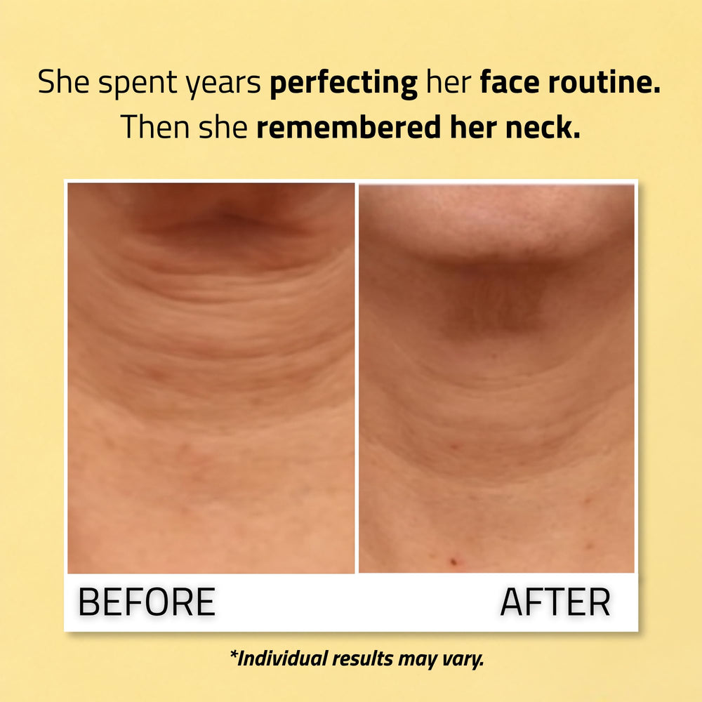 Model applying YEOUTH to neck and décolleté showing targeted firming routine