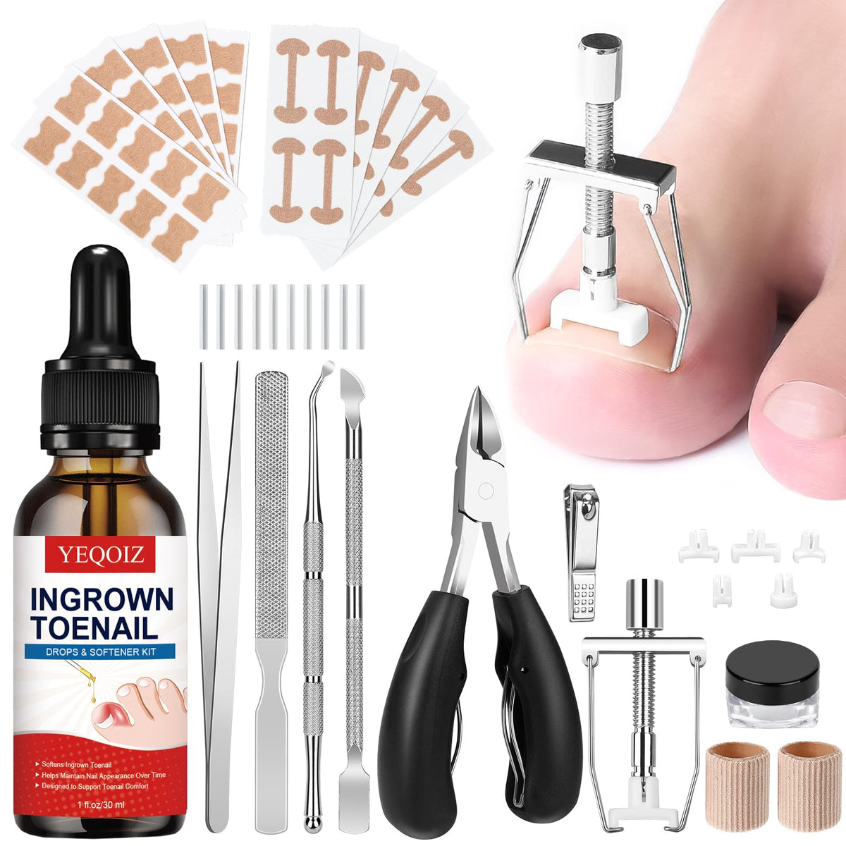 YEQOIZ front packaging showing full ingrown toenail kit and contents