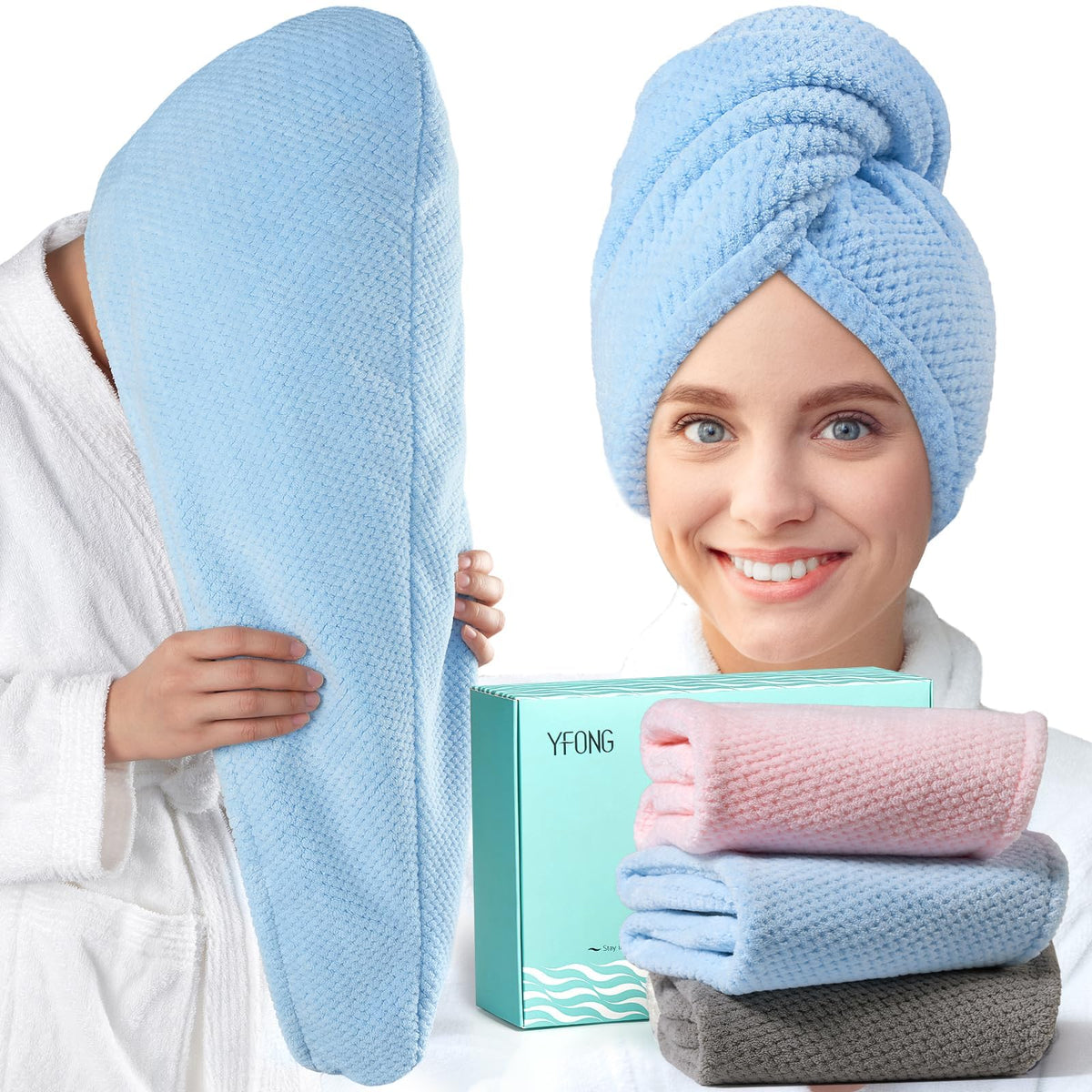 YFONG front packaging showing three towel colors, easy gifting benefit