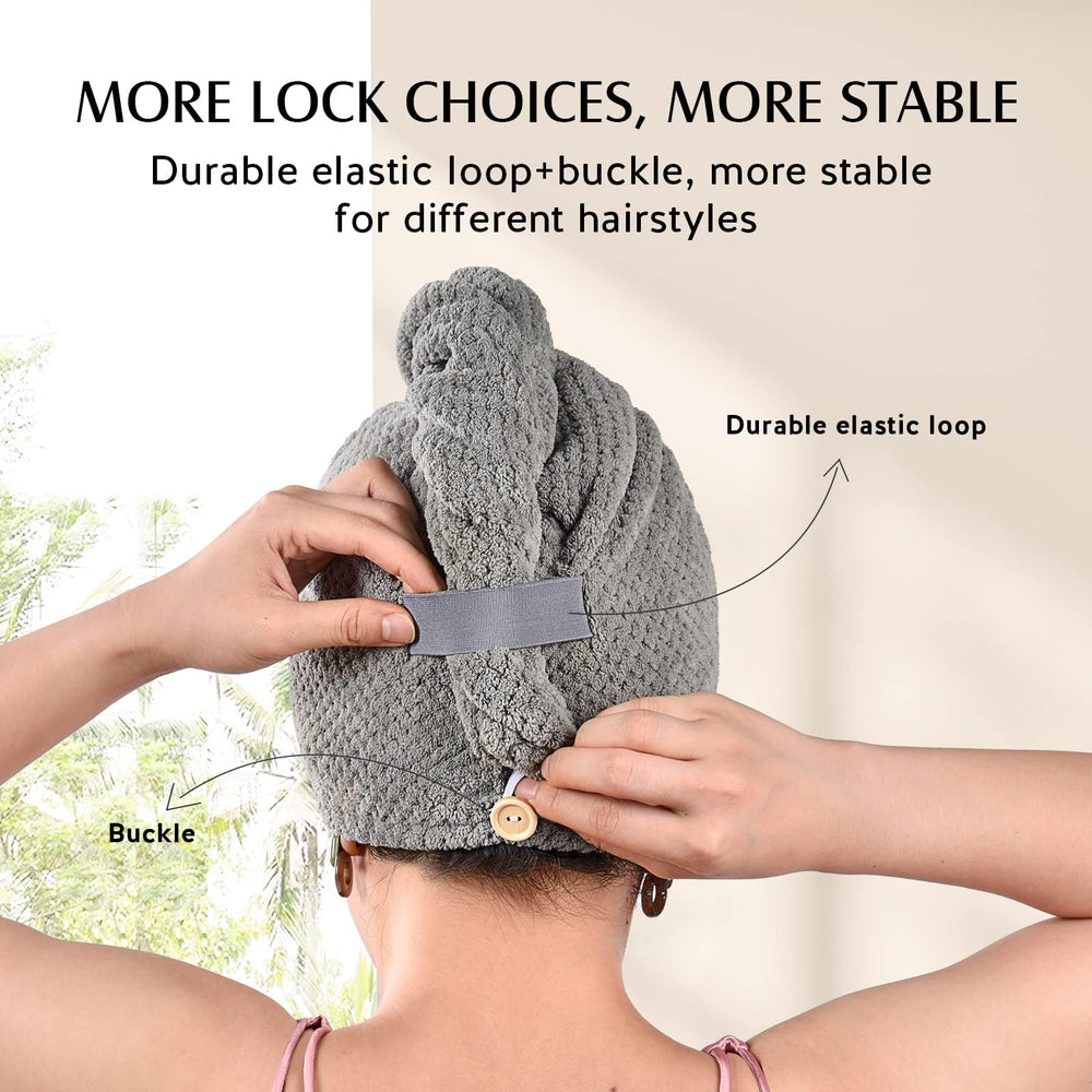 YFONG wrap worn on long hair demonstrating secure fit and hands-free drying benefit