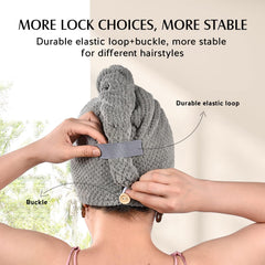 YFONG wrap worn on long hair demonstrating secure fit and hands-free drying benefit