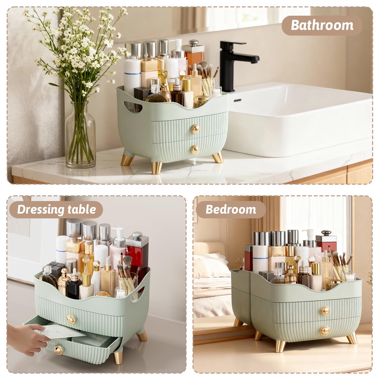 YGJT placed on bathroom counter demonstrating portability and organization