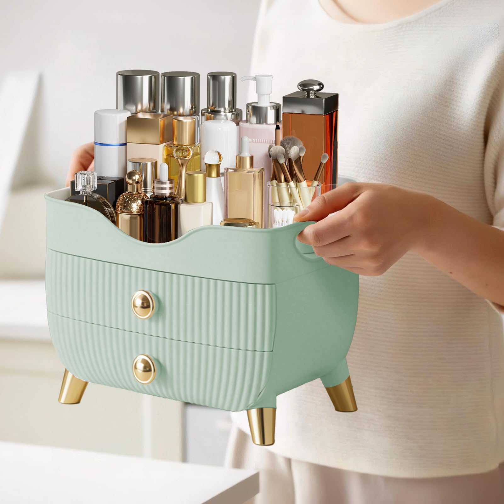 YGJT styled on vanity showcasing aesthetic appeal and clutter reduction