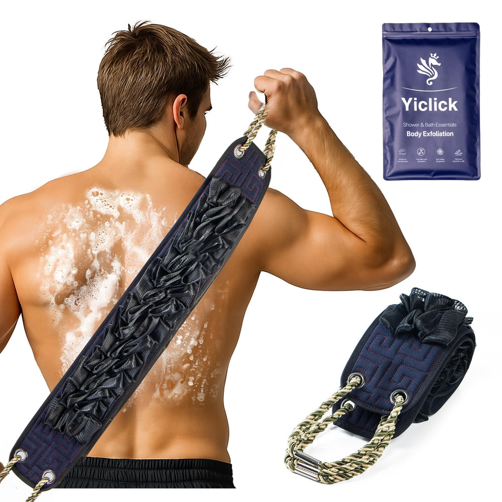 Yiclick front view of dual-sided back scrubber showing overall shape and color