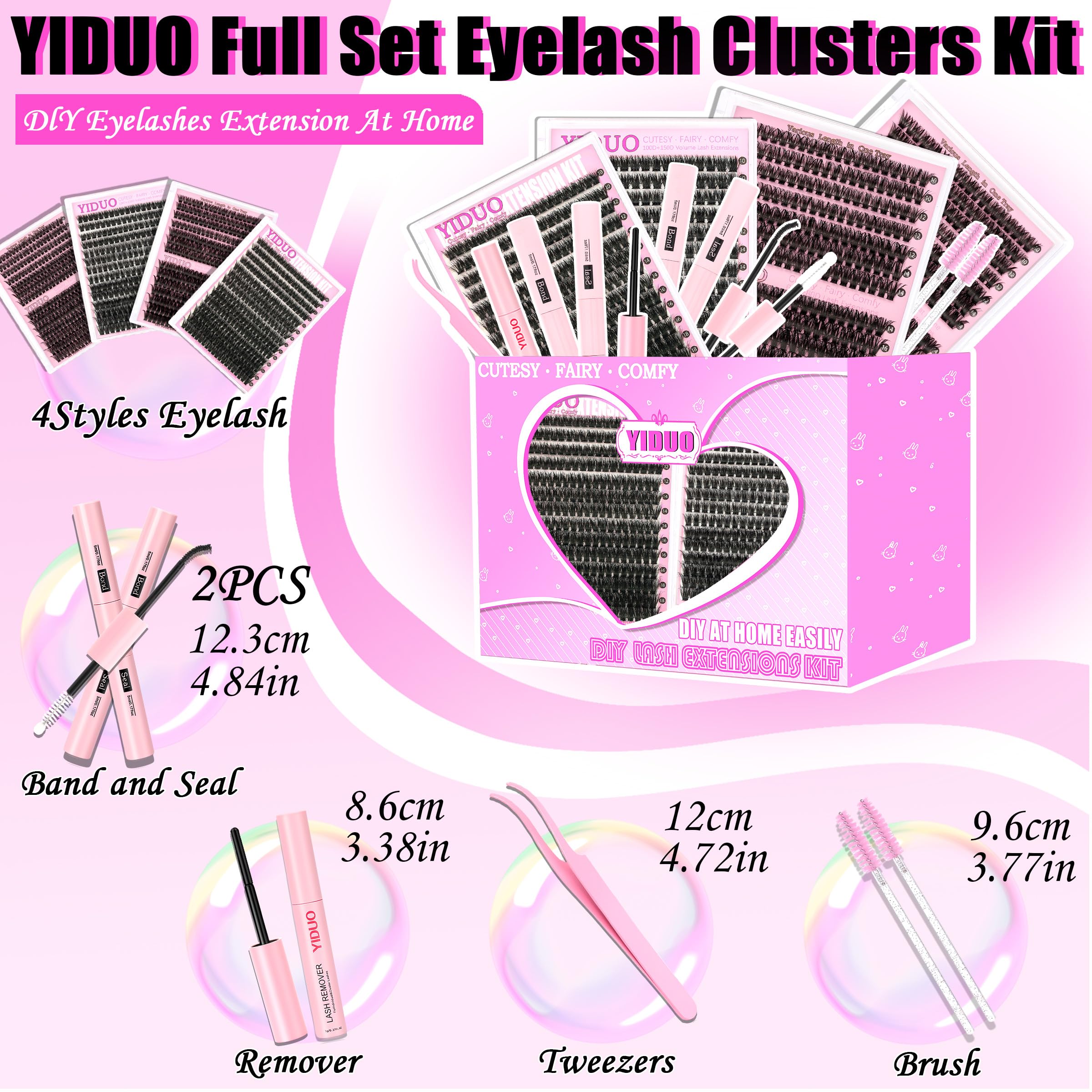 YIDUO flatlay of kit contents displaying clusters, tools, adhesives, and map