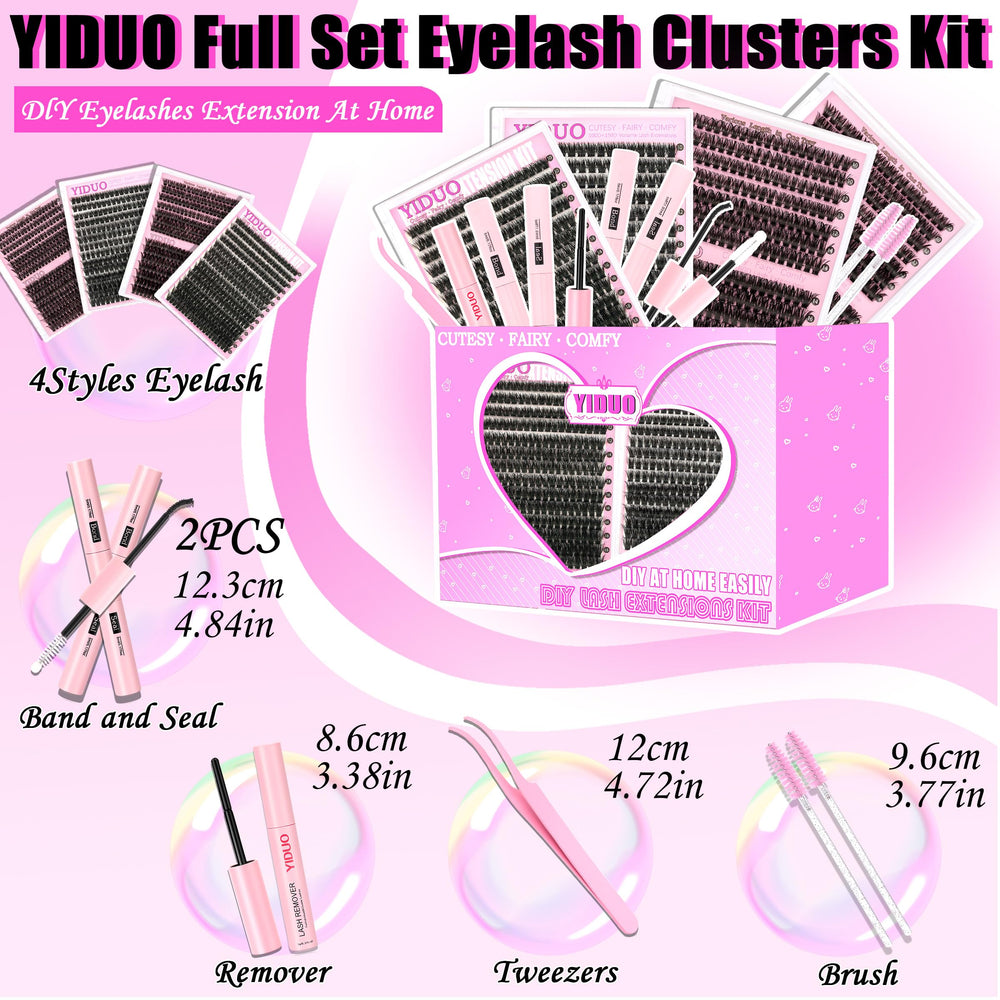 YIDUO flatlay of kit contents displaying clusters, tools, adhesives, and map