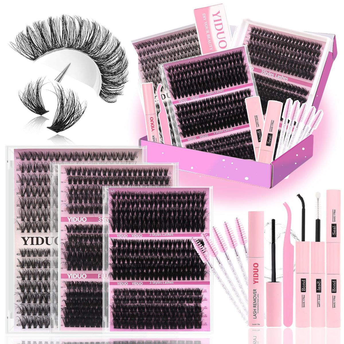 YIDUO front packaging showing full cluster lashes kit benefiting easy selection