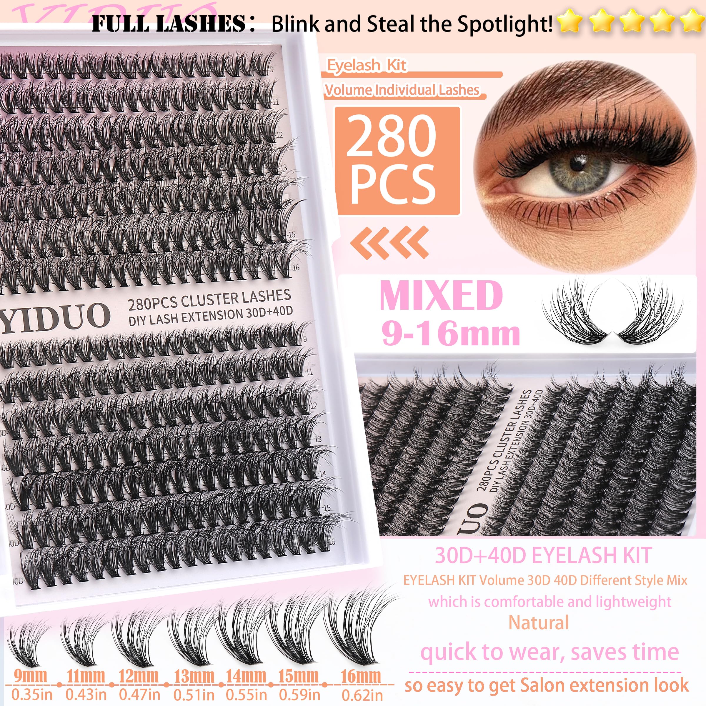 YIDUO wispy cluster lash applied on eye showing natural volumizing effect